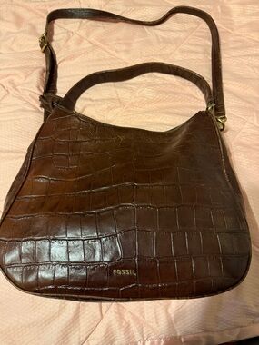 Fossil Dark Brown Croc-Embossed Shoulder Bag